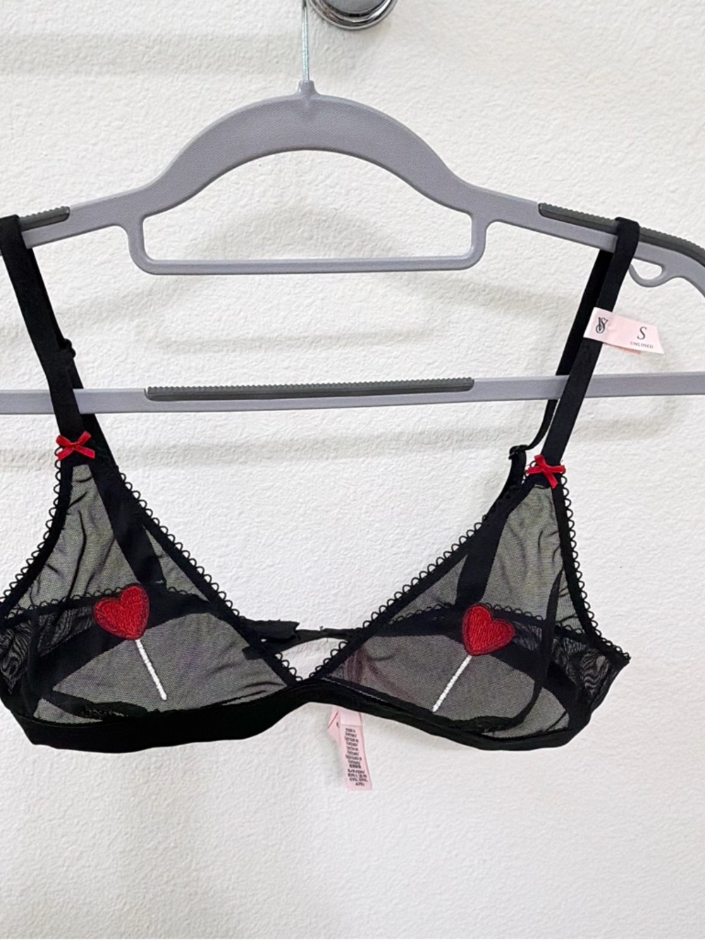 Small VS unlined Mesh Demi bra Black Embroidered Heart Lollipop - Picture 1 of 14